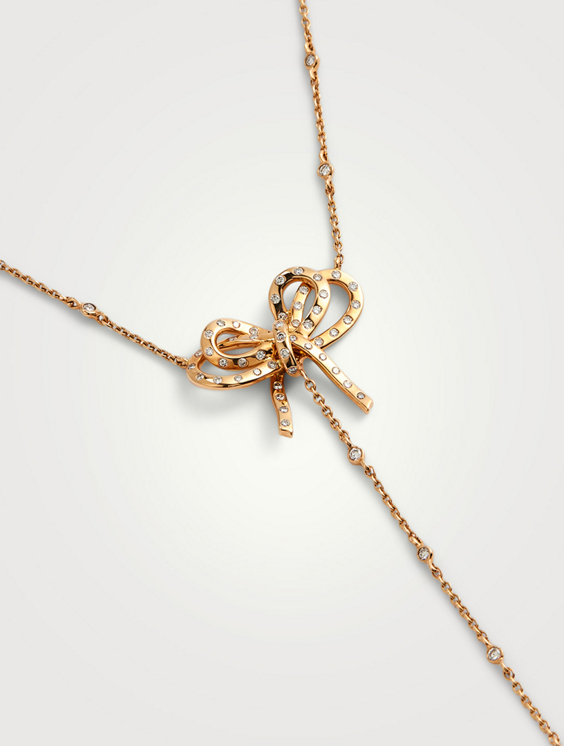 HUEB Romance 18K Rose Gold Ribbon Lariat Necklace With Diamonds Women's Pink