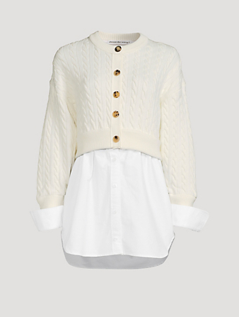 ALEXANDERWANG.T Cotton Oxford And Wool Cable Knit Layered Top Women's White