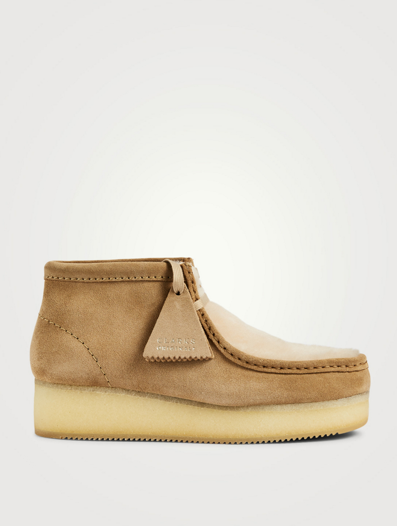 CLARKS ORIGINALS Wallabee Suede And Sherpa Lace-Up Wedge Boots | Holt ...
