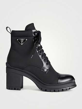 PRADA Re-Nylon And Leather Lace-Up Heeled Combat Boots Women's Black