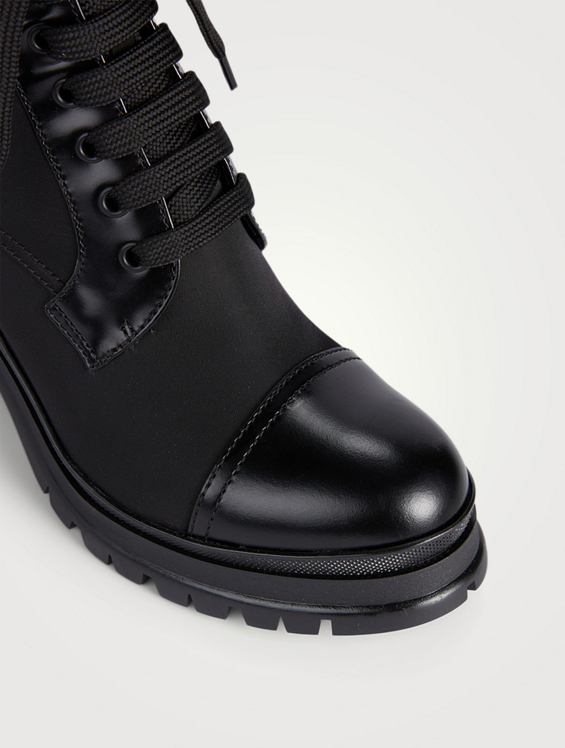 PRADA Re-Nylon And Leather Lace-Up Heeled Combat Boots Women's Black