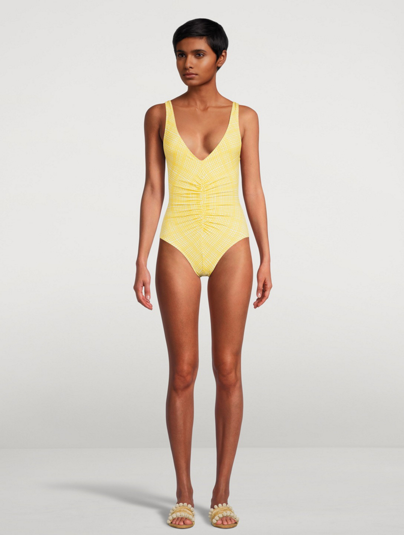 SOLID AND STRIPED The Lucia One-Piece Swimsuit In Mini Grid Print Women's Yellow