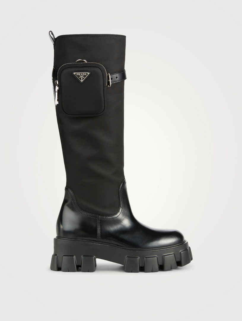 PRADA Monolith Re-Nylon Gabardine And Leather Platform Knee-High Boots ...
