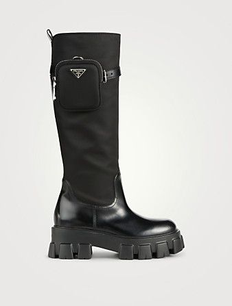 Monolith Re-Nylon Gabardine And Leather Platform Knee-High Boots With Logo Pouch