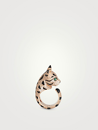 BOUCHERON Bague Fuzzy le chat léopard en or rose ornée d'émeraudes et de diamants Femmes Rose