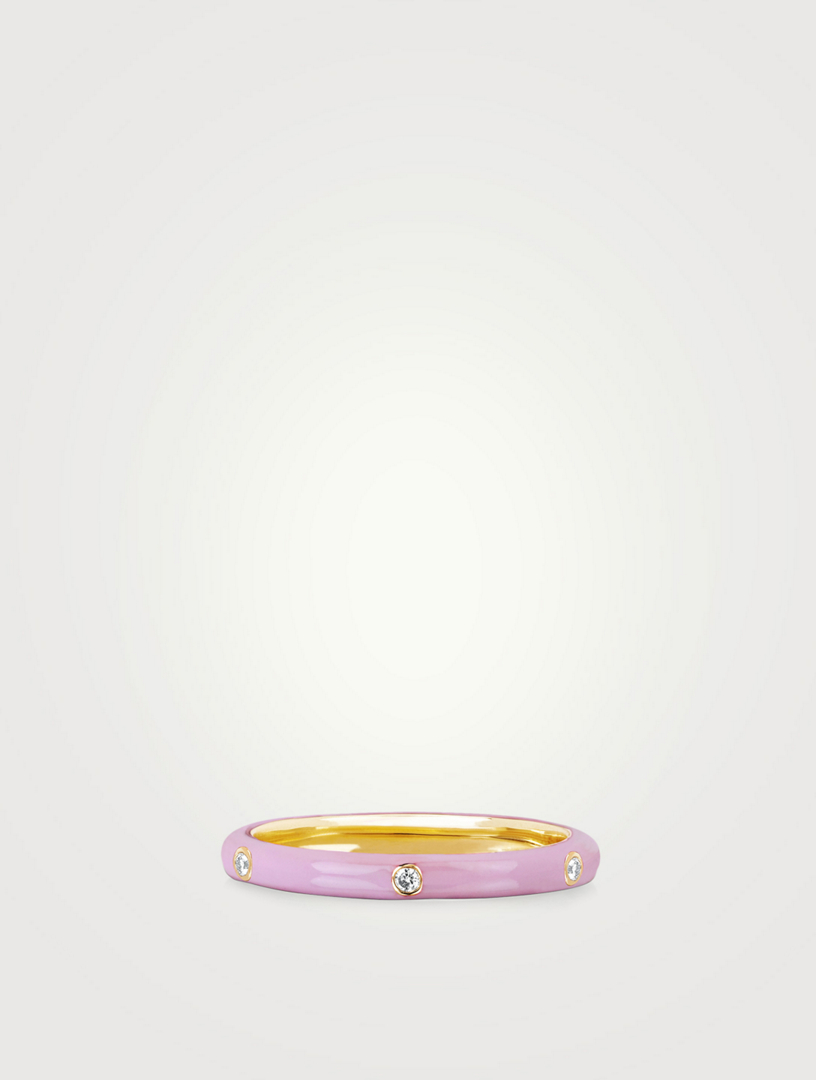 EF COLLECTION 14K Gold Enamel Stack Ring With Diamonds Women's Pink