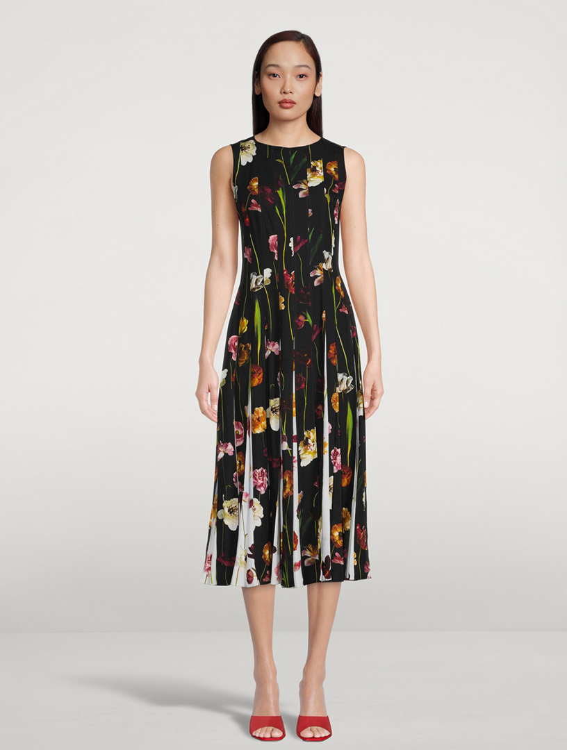 OSCAR DE LA RENTA Sleeveless Inset Midi Dress In Floral Sky Print ...