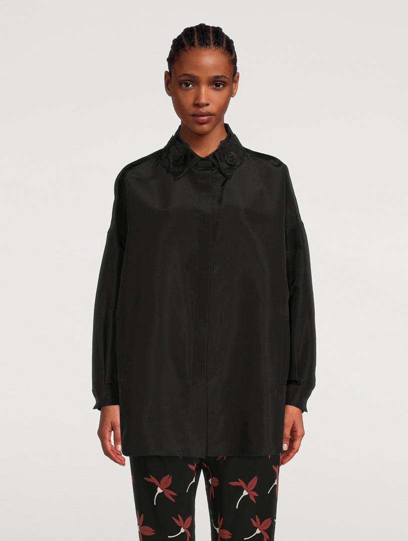 VALENTINO Silk Faille Shirt With Floral Appliqué Women's Black
