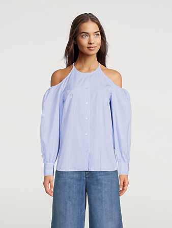 STELLA MCCARTNEY Off-The-Shoulder Cotton Shirt In Stripe Print Women's Blue
