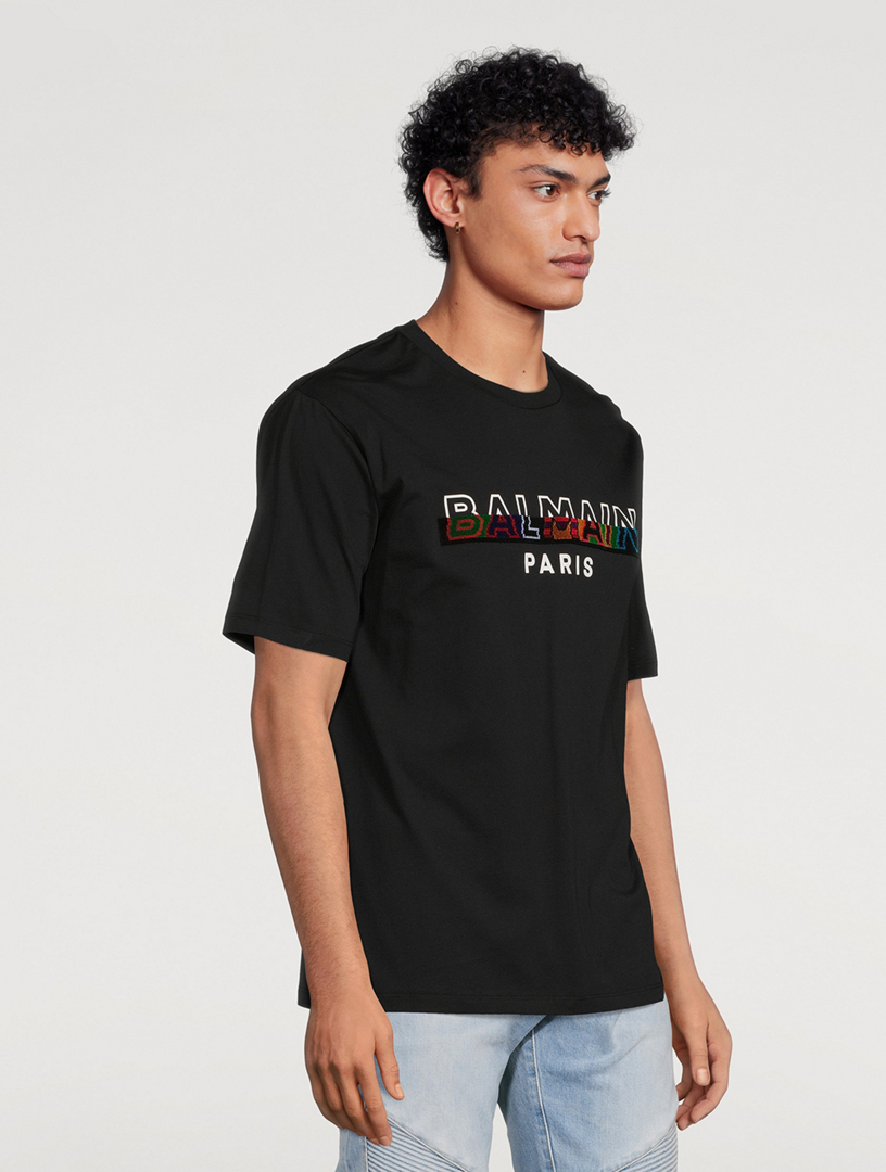 BALMAIN Tee-shirt en coton imprimé logo Balmain multicolore Hommes Noir