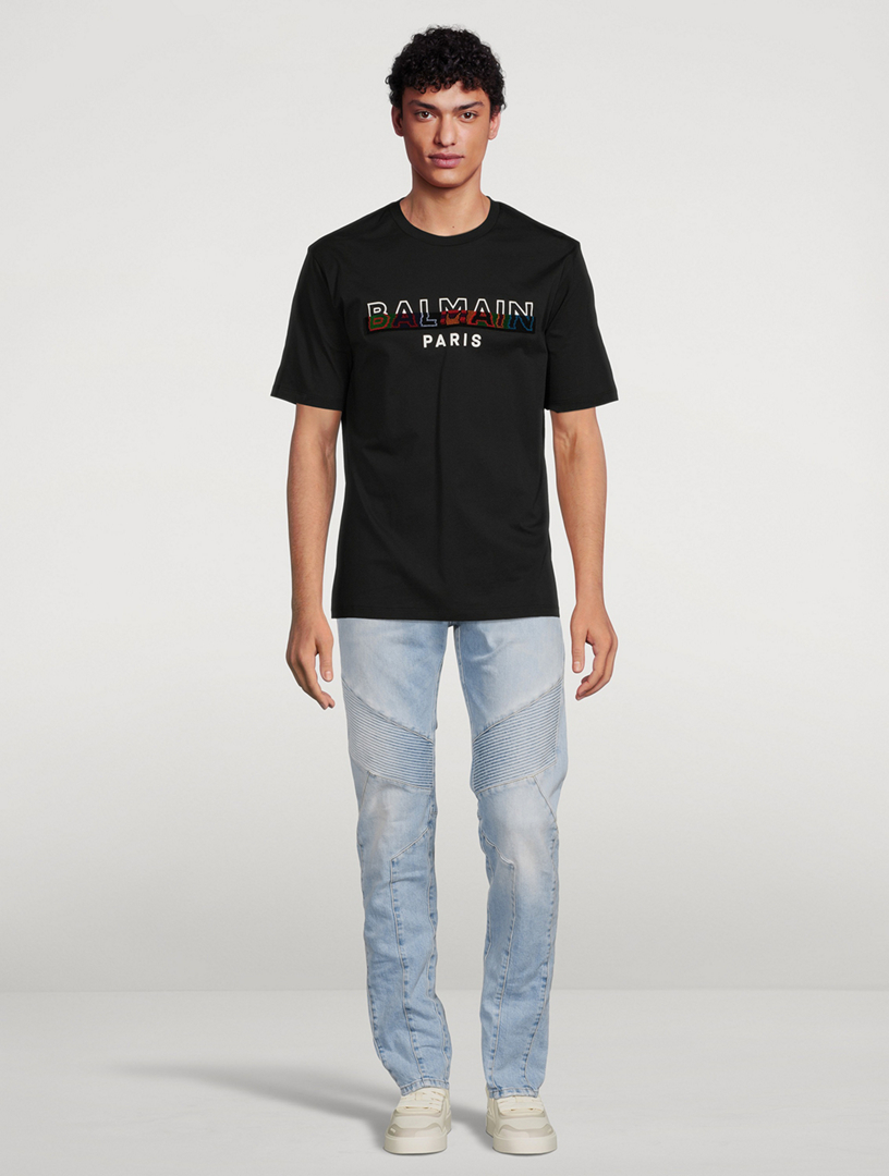 BALMAIN Cotton T-Shirt With Multicolour Logo Mens Black