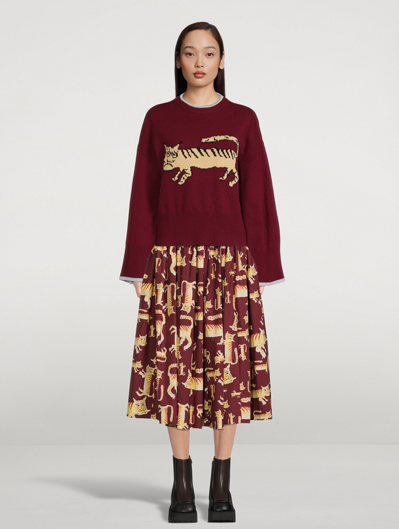 MARNI Cotton Midi Skirt In Lunar New Year Tiger Print Women's Red