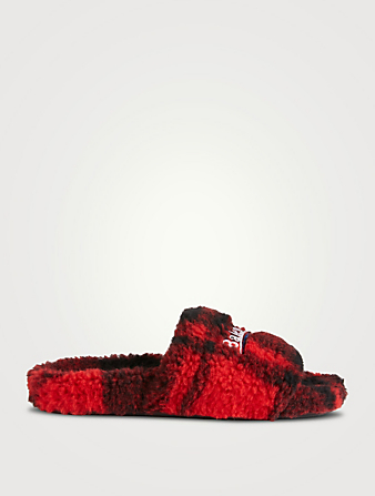 BALENCIAGA Furry Political Campaign Slide Sandals In Plaid Print Women's Red