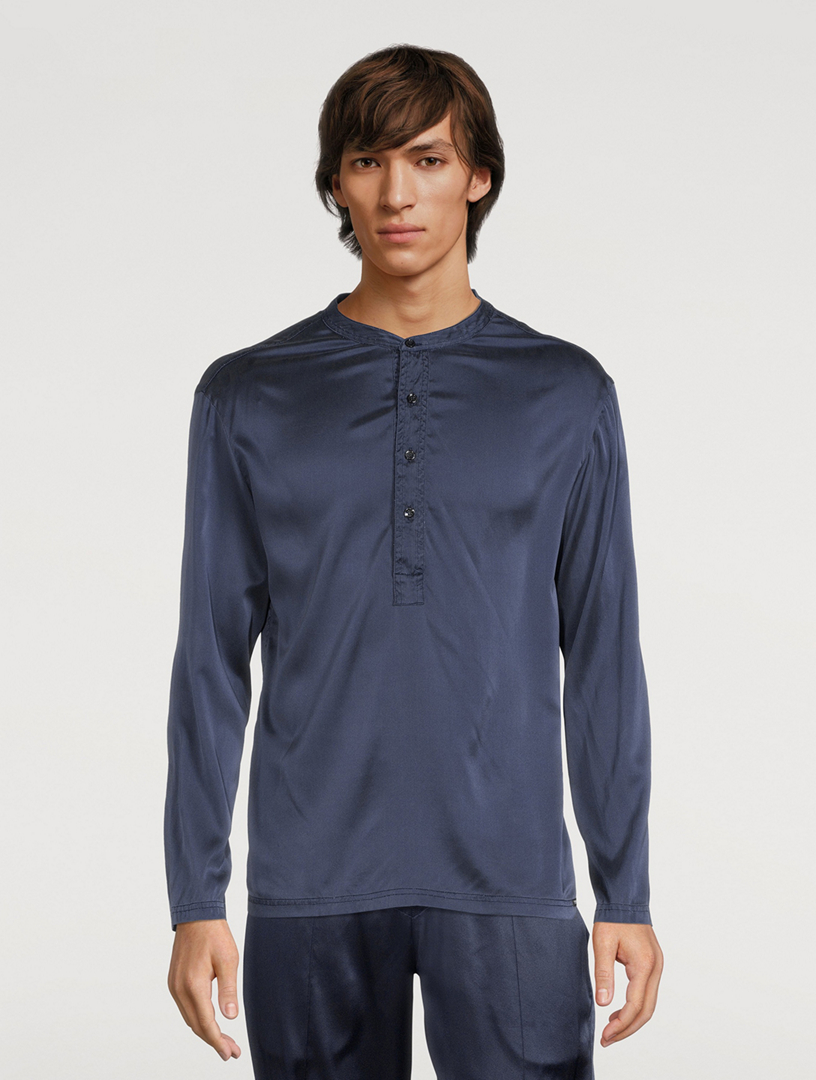 TOM FORD Silk Pajama Henley Shirt Mens Blue