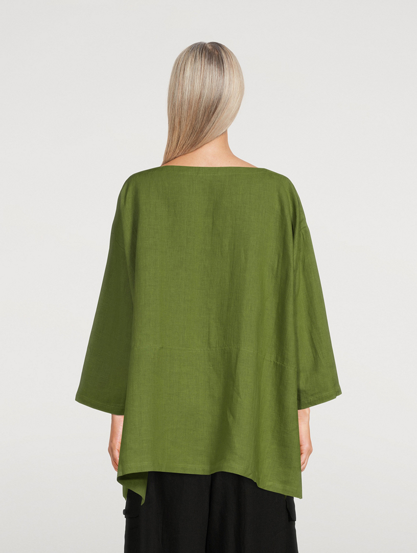 ESKANDAR Linen Wide A-Line Scoopneck Long Tunic Women's Green