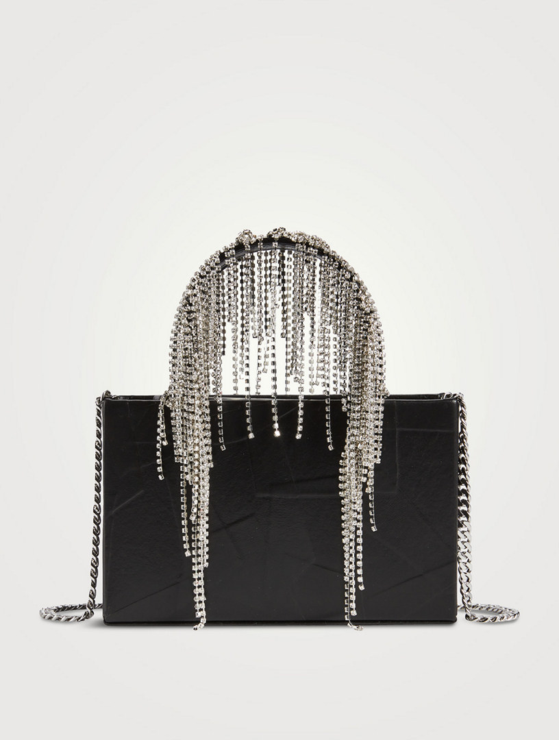 KARA Midi Crystal Fringe Leather Tote Bag Women's Black