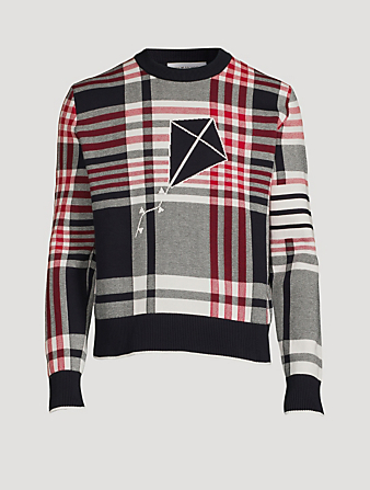 THOM BROWNE Hairline Madras Cotton Sweater With Kite Icon Mens White