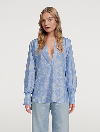 MAGALI PASCAL Lola Cotton Silk V-Neck Shirt Women's Blue