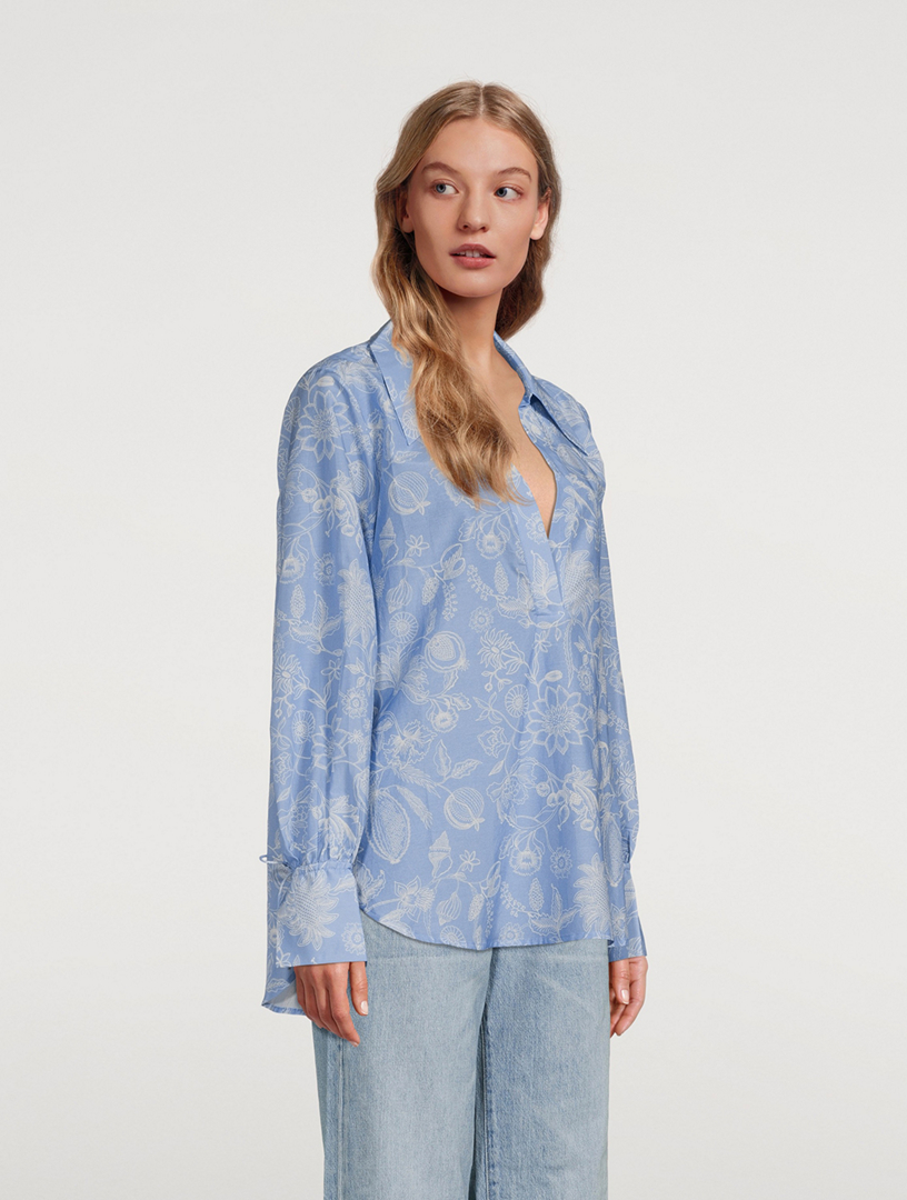 MAGALI PASCAL Lola Cotton Silk V-Neck Shirt Women's Blue