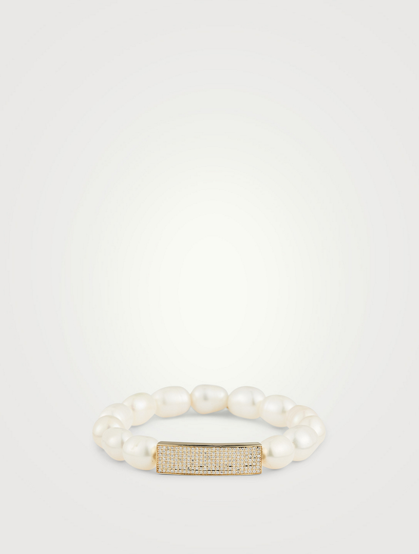 Pearl Bracelet With Small 14K Gold Pavé Diamond Plaque