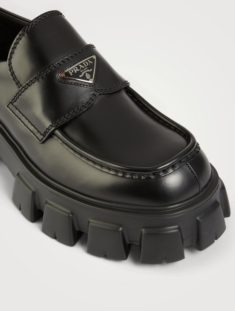 PRADA Monolith Brushed Leather Loafers Mens Black