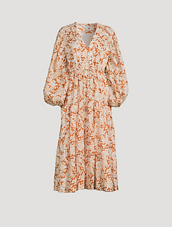 SHONA JOY Flor Puff-Sleeve Linen Midi Dress In Floral Print Women's Multi