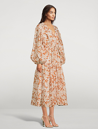 SHONA JOY Flor Puff-Sleeve Linen Midi Dress In Floral Print Women's Multi
