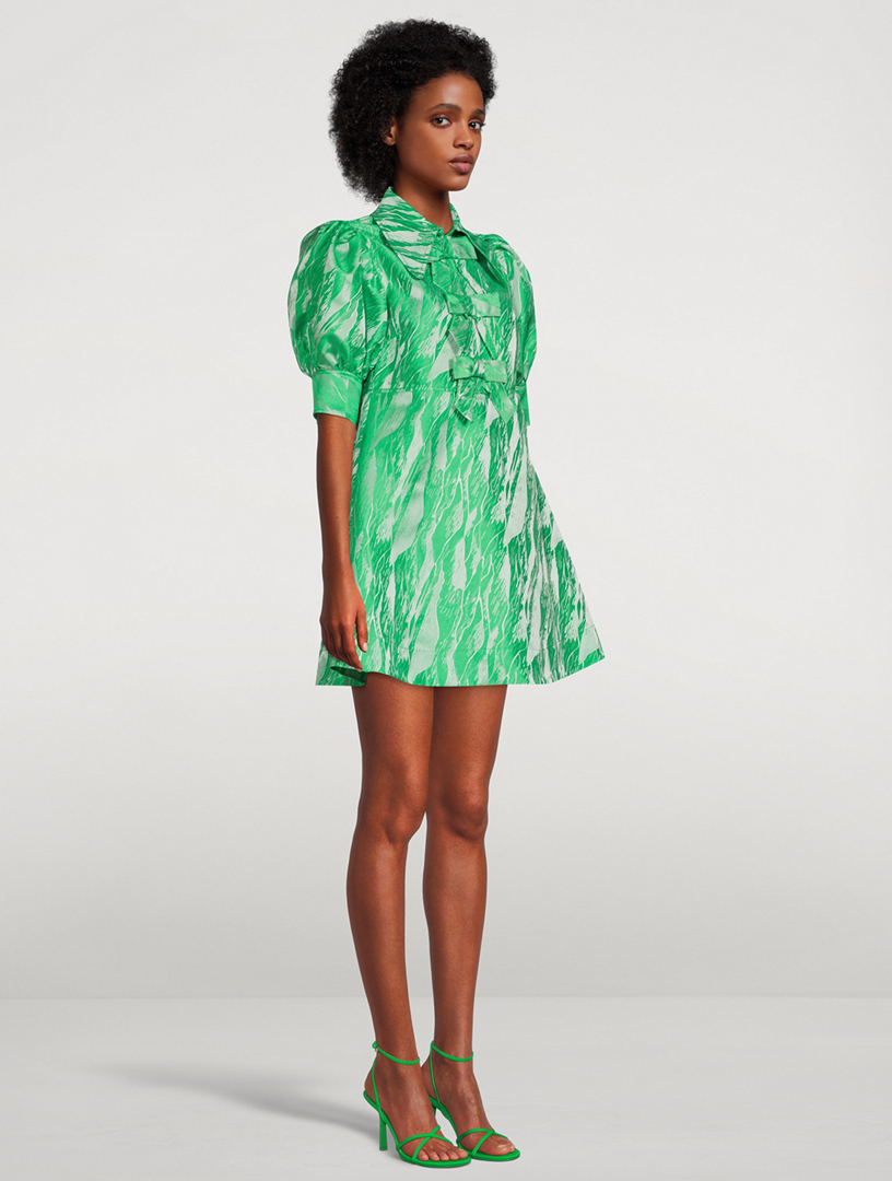 GANNI Re-Cut Jacquard Puff Sleeve Mini Dress Women's Green