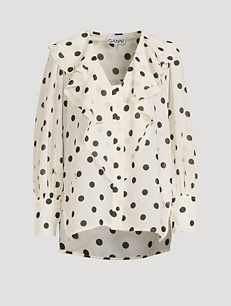 GANNI Re-Cut Georgette Flounce Collar Shirt In Polka Dot Women's White