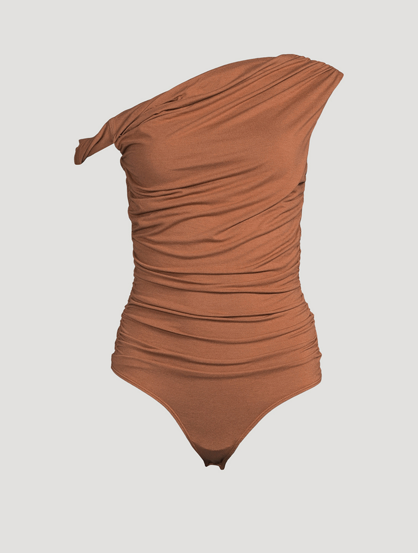 AGOLDE Hilma Asymmetric Ruched Bodysuit Women's Beige