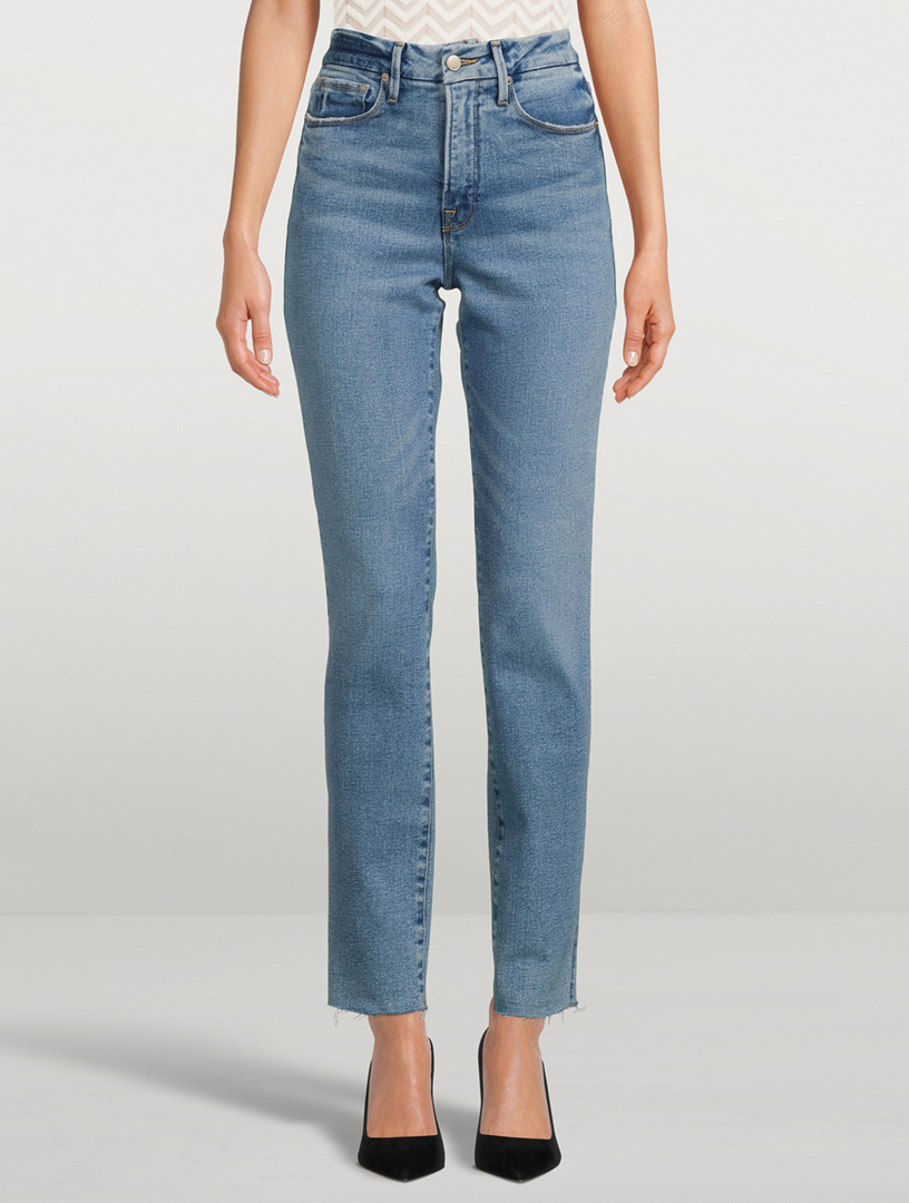 GOOD AMERICAN Good Classic Slim-Leg High-Waisted Jeans With Fray Hem Women's Blue