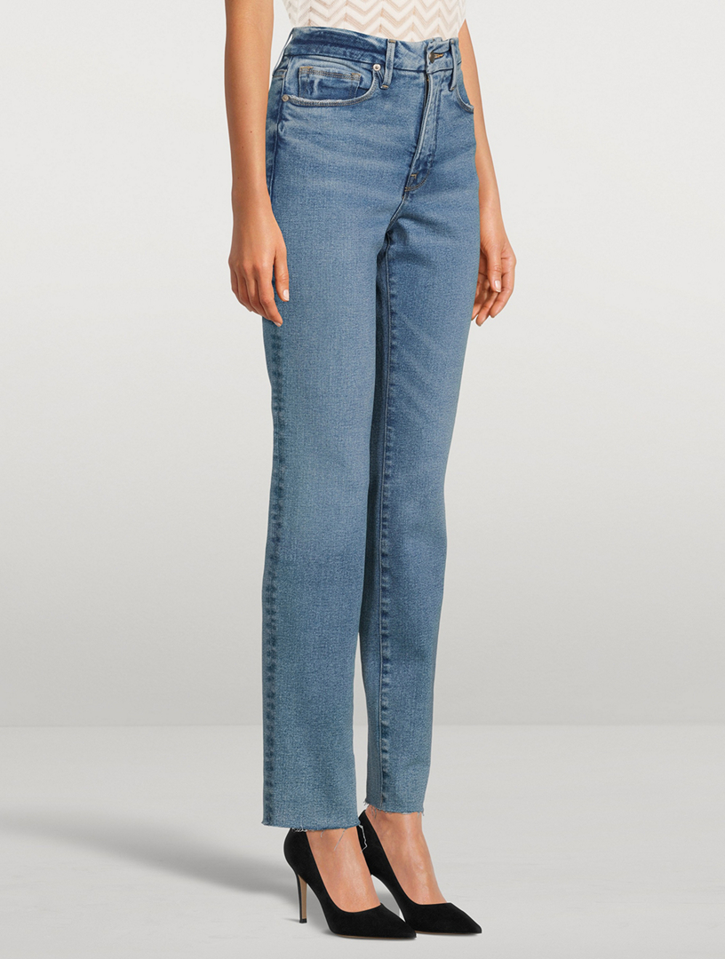 Good American - High Waist Raw Hem Slim Jeans