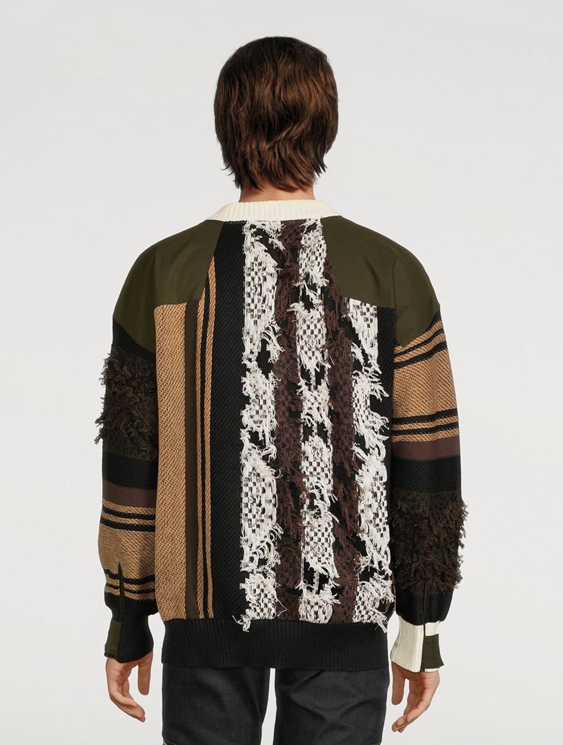 SACAI Linen And Cotton Rug Jacquard Sweater Mens Beige