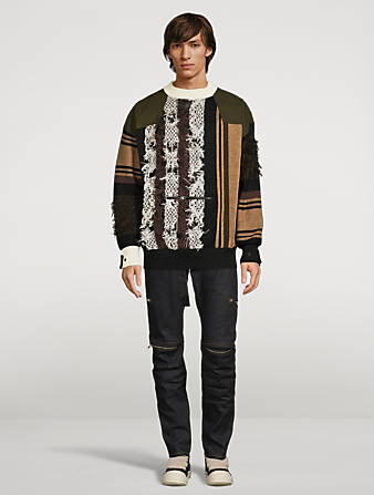 SACAI Linen And Cotton Rug Jacquard Sweater Mens Beige