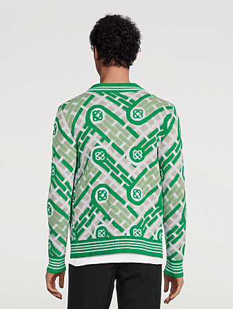 CASABLANCA Monogram Knit Zip Polo Sweater Mens Green
