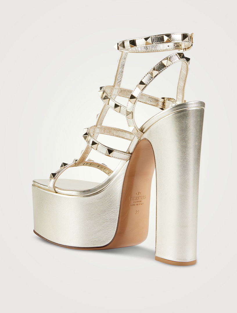 VALENTINO GARAVANI Rockstud Metallic Leather Platform Sandals Women's Metallic