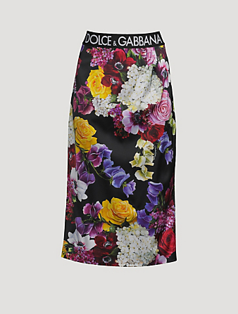 DOLCE & GABBANA Jupe mi-longue à bande logotypée en satin à imprimé floral Femmes Multi