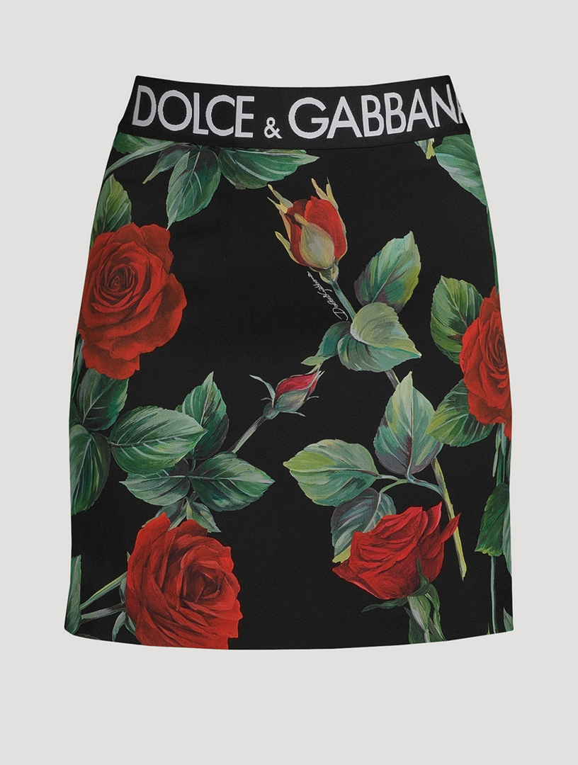 DOLCE & GABBANA Minijupe à bande logotypée en charmeuse à imprimé de roses Femmes Noir