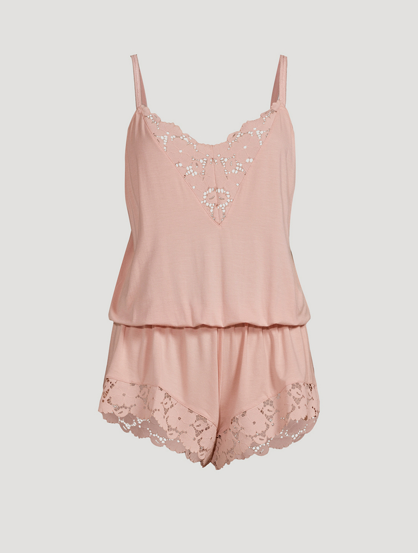 her lip to Maison Lace-Trimmed Playsuit-