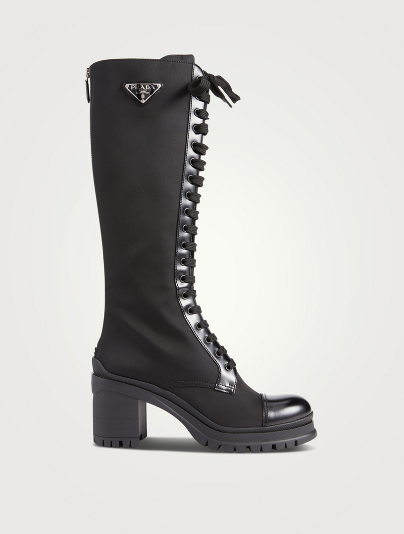 PRADA Leather And Nylon Knee-High Heeled Combat Boots Women's Black
