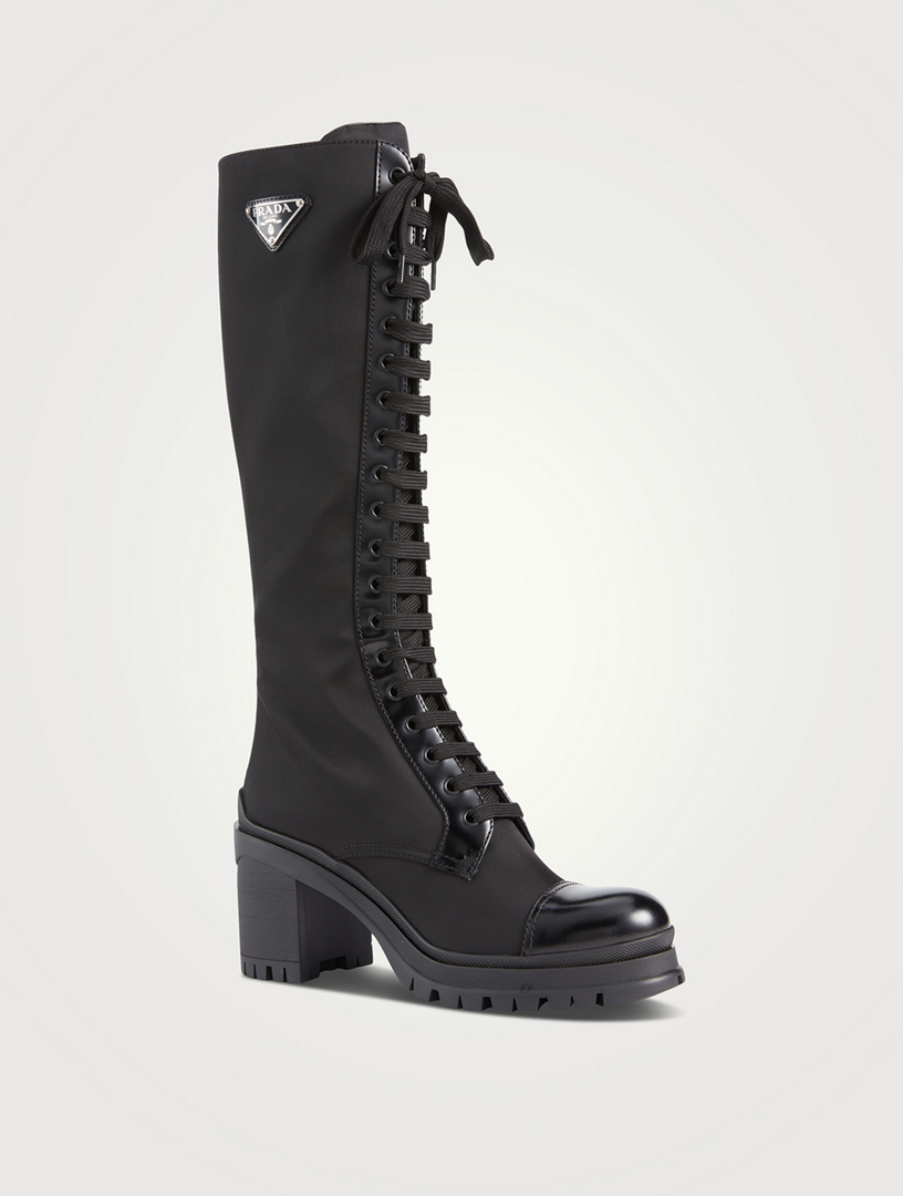 PRADA Leather And Nylon Knee-High Heeled Combat Boots | Holt Renfrew Canada