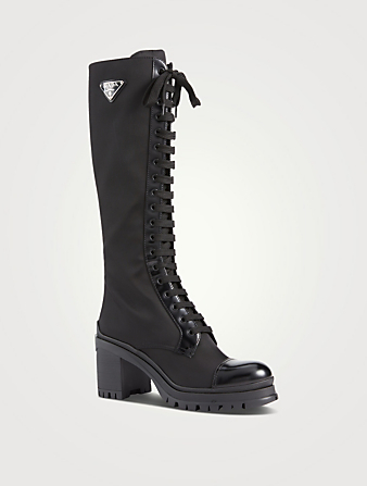 PRADA Leather And Nylon Knee-High Heeled Combat Boots Women's Black