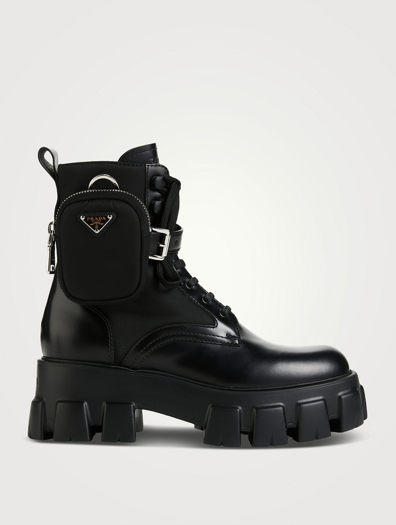 PRADA Monolith Leather And Nylon Platform Combat Boots With Logo Pouch |  Square One