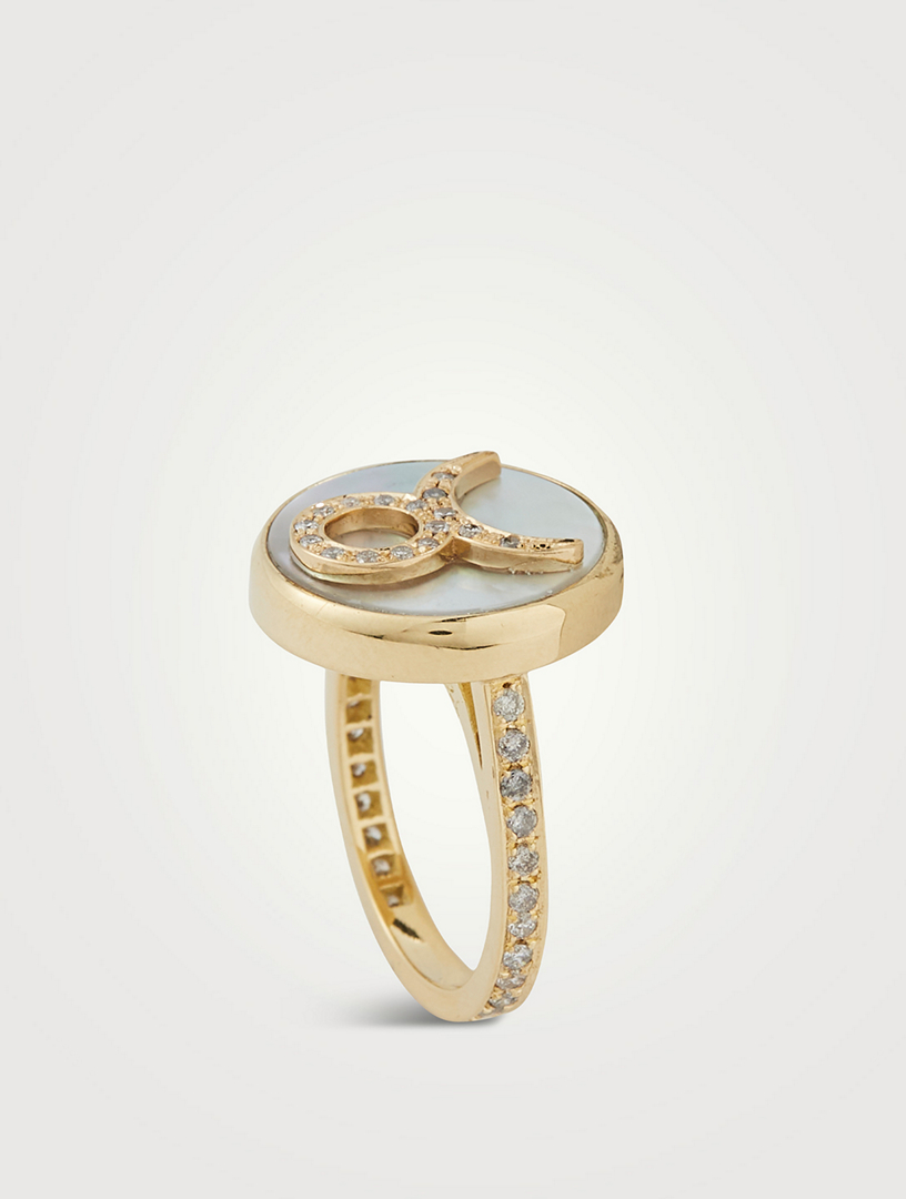 18K Gold Zodiac Taurus Ring With Mother-Of-Pearl And Grey Diamonds