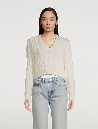 FRAME Cropped Cable-Knit Wool Sweater Women's White