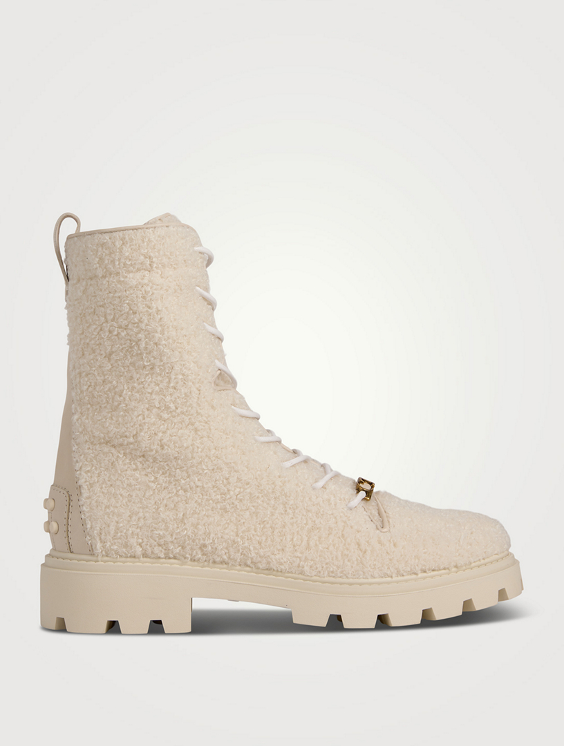 haskell crinkled leather and metallic bouclé combat boot