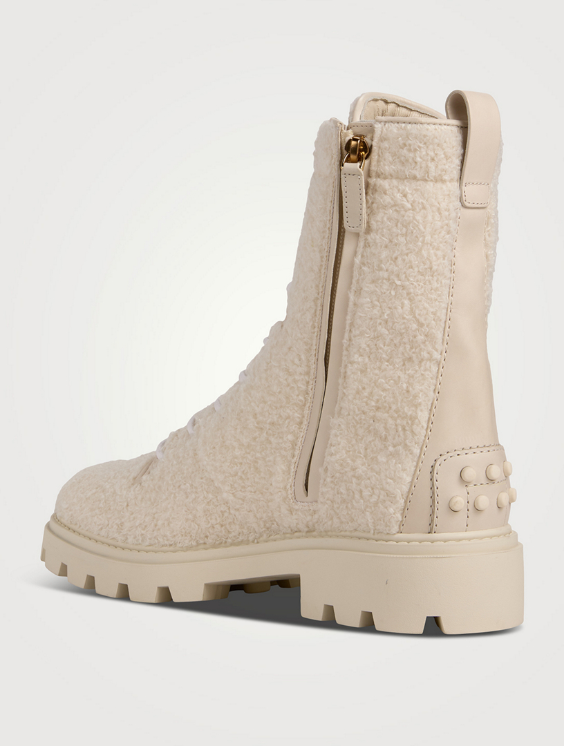 haskell crinkled leather and metallic bouclé combat boot