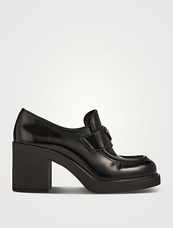 Brushed Leather Block-Heel Loafers