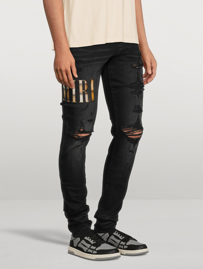 AMIRI Skinny Jeans With Flannel Logo Mens Black