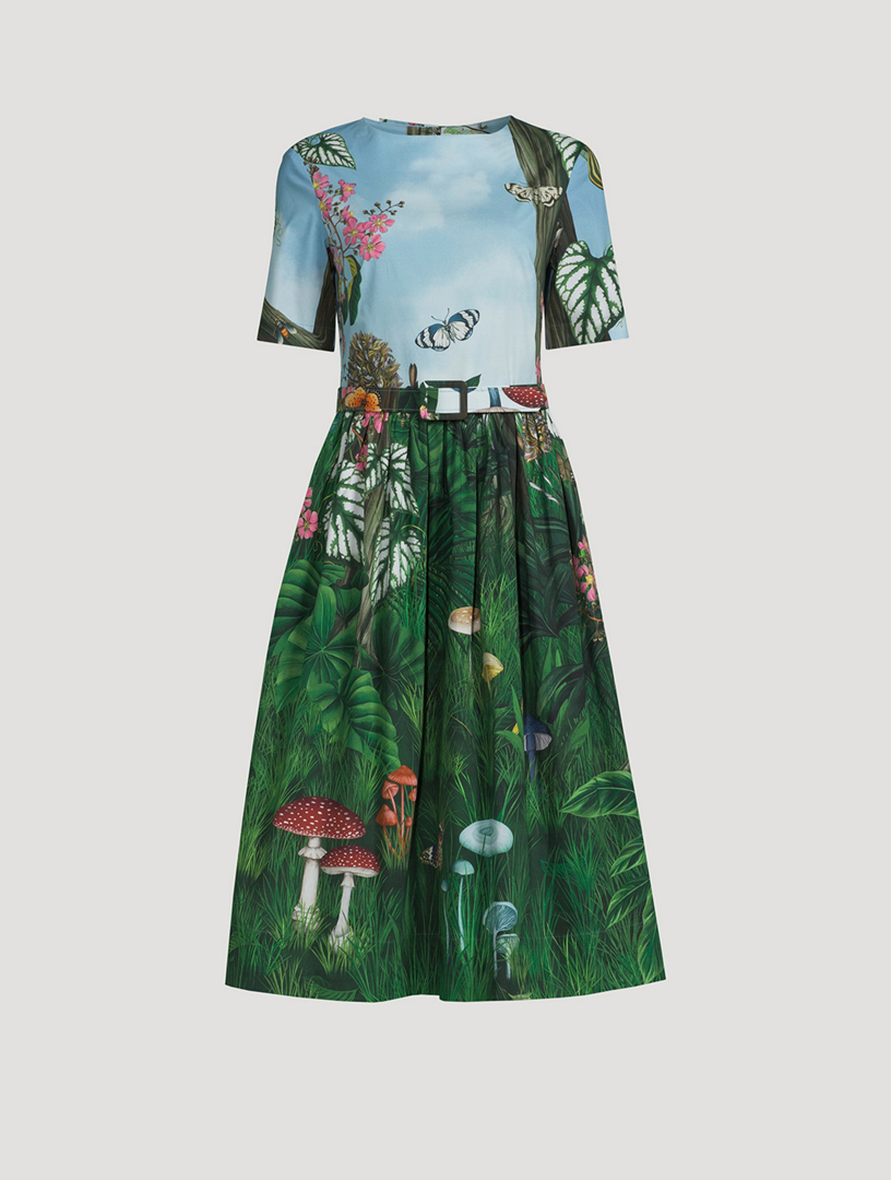 OSCAR DE LA RENTA Poplin Midi Dress In Botanical Forest Print Women's Green